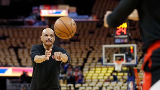 Feb 20, 2020; San Francisco, California, USA; Houston Rockets assistant coach John Lucas passes the ball on the court before the game against the Golden State Warriors at Chase Center. Mandatory Credit: Darren Yamashita-USA TODAY Sports